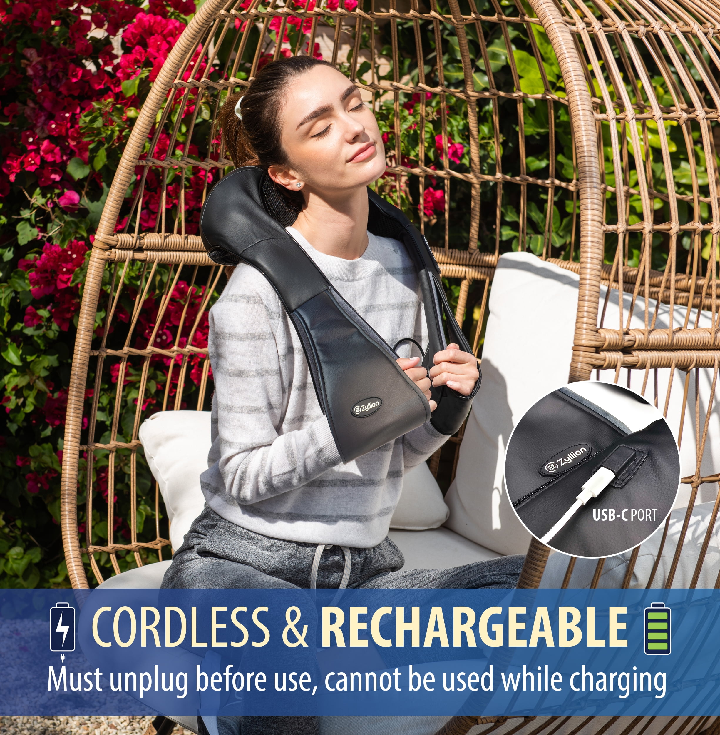 Zyllion Rechargeable Shiatsu Neck & Back Massager 3D Kneading Deep Tissue Massage with Heat for Muscle Pain, Black
