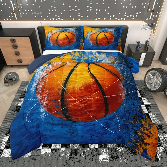 Manfei Kids Cartoon Basketball Bedding Comforter Set, Oil Printing Art Twin Comforter Sets, Blue Orange Cartoon Reversible Bedding Set, Luxury Bedroom Decor, 2pcs