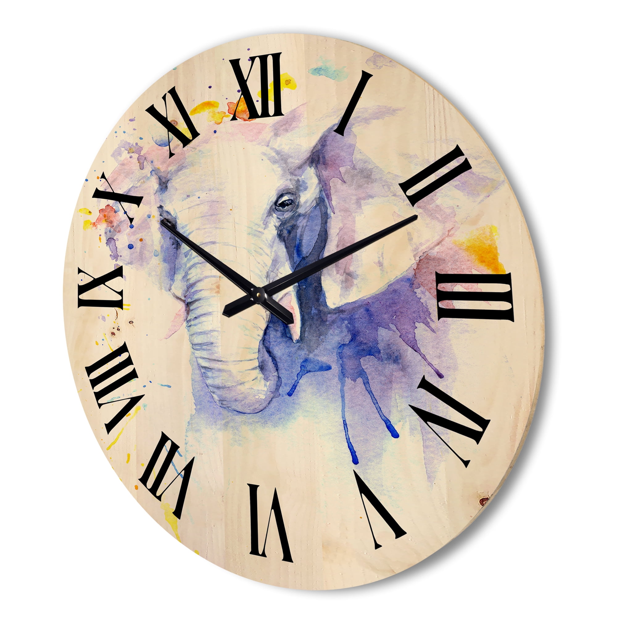 Designart 'Portrait of An Elephant Yellow and Blue Strokes' Farmhouse Wood Wall Clock