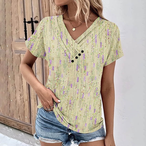 Fiudx Ofertas Del Día Top Informal de Primavera y Verano de Manga Corta con Cuello En V para Mujer