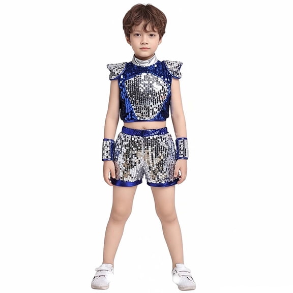 Boys Dance Sequin Dance Sleeveless Top and Pants Set 90s Clothing for Kids Dance Performance Outerwear 11-12 Years