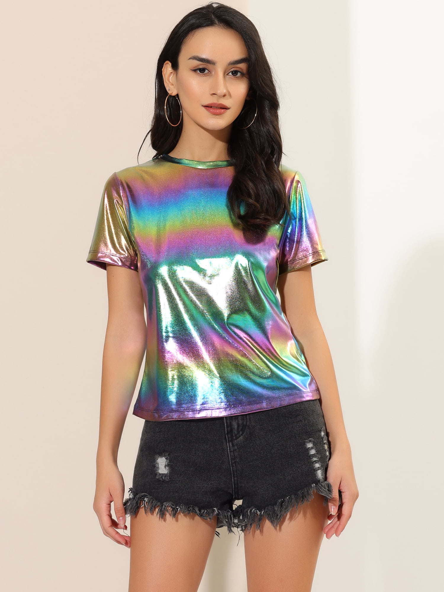 DARING DIVA Party Metallic Textured Short Sleeve Shiny Tops L Colorful