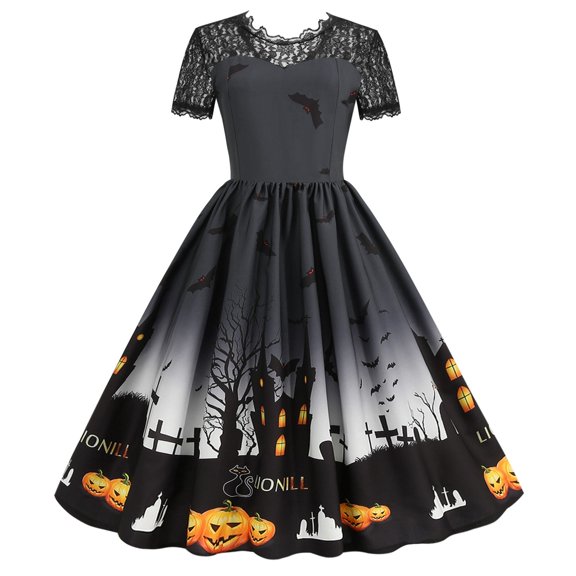 FASHOFT Halloween Dresses For Women Hepburn Style Vintage Lace Crew Neck Short Sleeve Print Swing Dress Elegant Party Gown Outfit Halloween Costumes L
