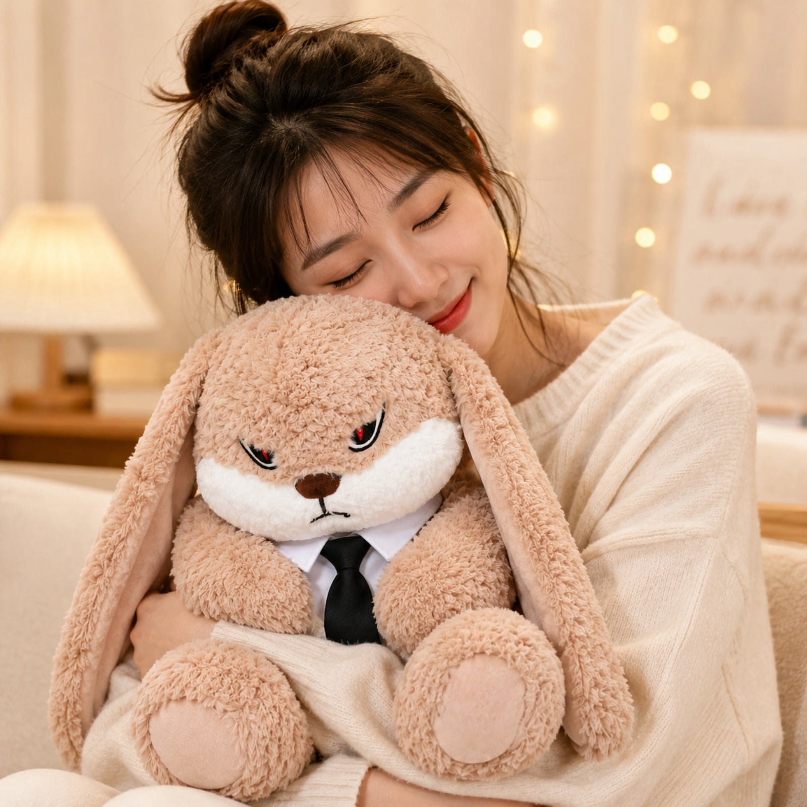 Long Ear Bunny Plush Toy with Tie Soft Stuffed Rabbit Doll Cute Gift Plushie