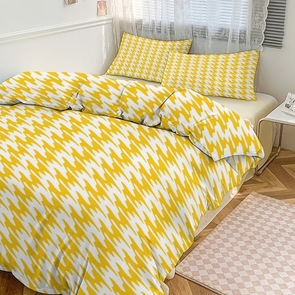 3 Pcs Soft Bedding Set, Includes 1 Duvet Cover with Zipper And 2 Pillow Shams,Aesthetic Signal Yellow And White Ripple Twin(86"x70")