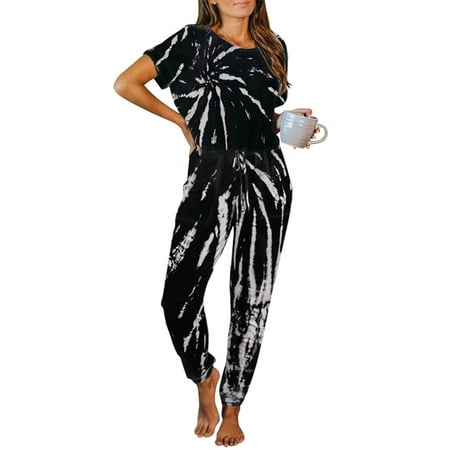 

Niuer Ladies Baggy Drawstring Pajamas Sets Women Loose Nightwear Tie Dye Summer Elastic Waist Casual Sleepwear