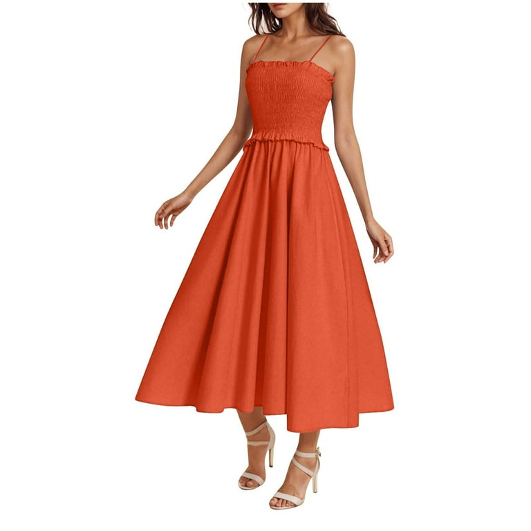 Chiccall Summer Maxi Dress Spaghetti Strap Sleeveless Square Neck Ruffle A  Line Smocked Beach Mini Sundress Red M - Walmart.com
