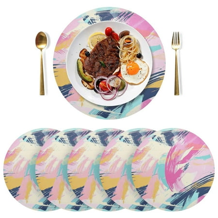 

Round Placemats Plate Mats 15 Inch Non-Slip Heat Resistant Washable PVC Set Table Decoration for Kitchen Dining Pink and Blue Abstract