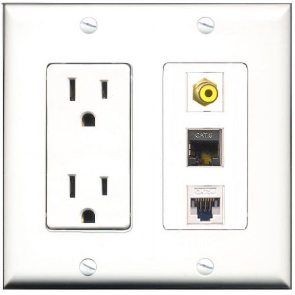 RiteAV - 15 Amp Power Outlet 1 Port RCA Yellow 1 Port Shielded Cat6 Ethernet Ethernet 1 Port Cat5e Ethernet White Decorative Wall Plate
