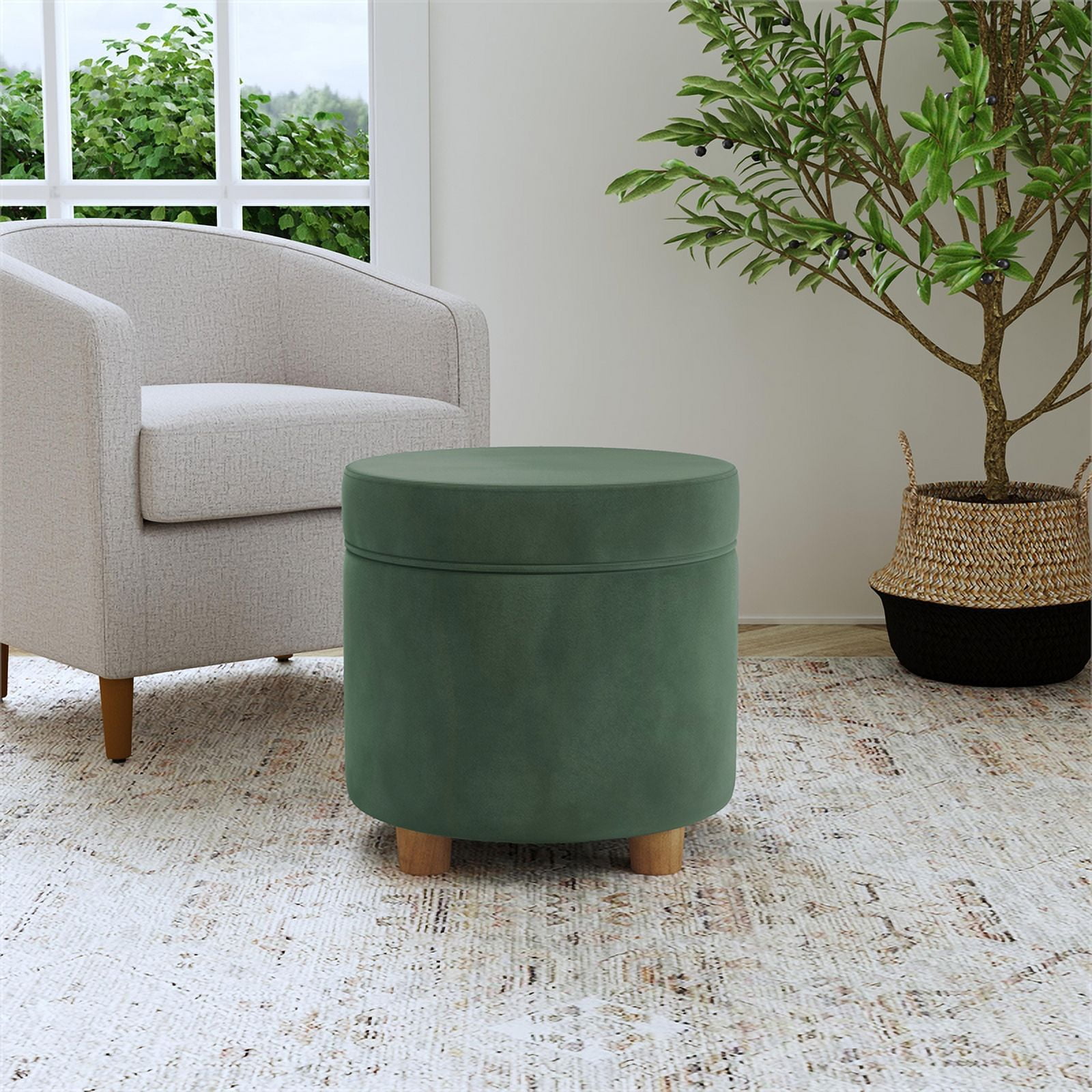 HomePop Round Storage Ottoman, Loden Green Velvet