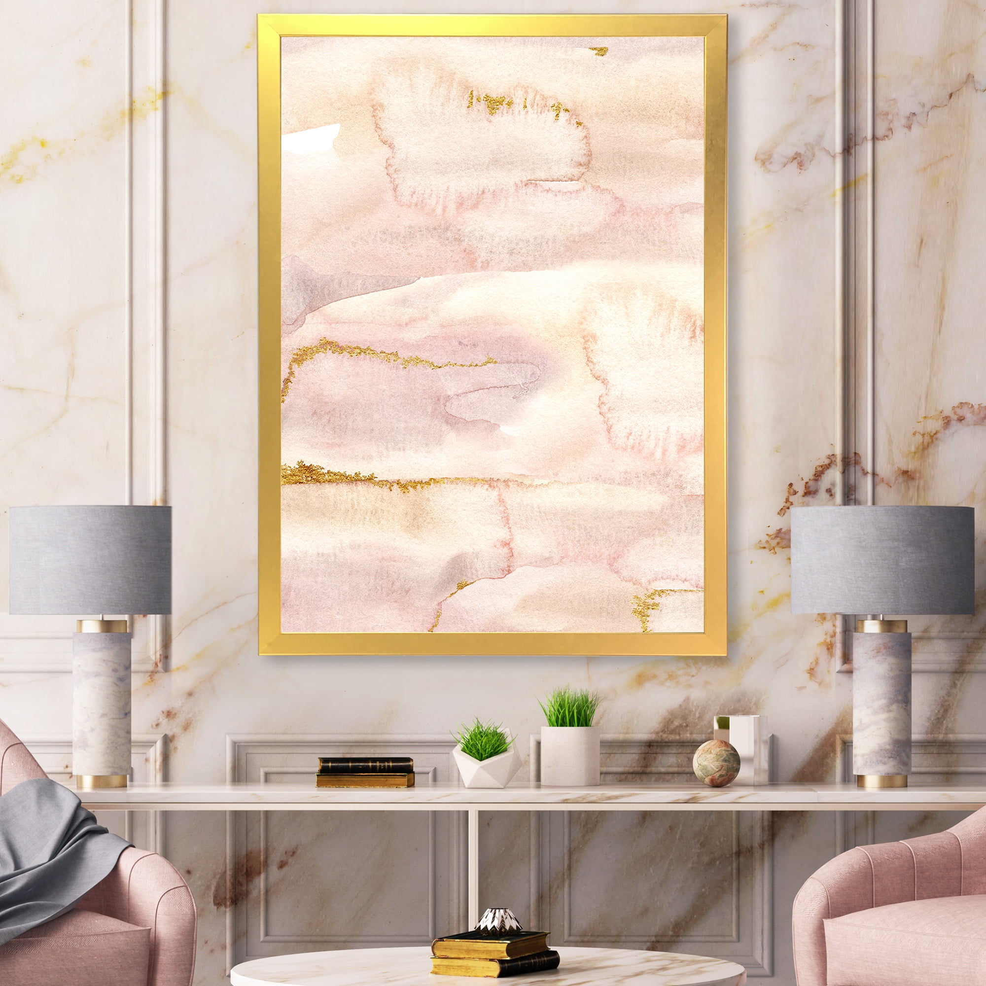 Designart 'Pastel Abstract With Beige Pink and Yelllow Spots' Modern Framed Art Print