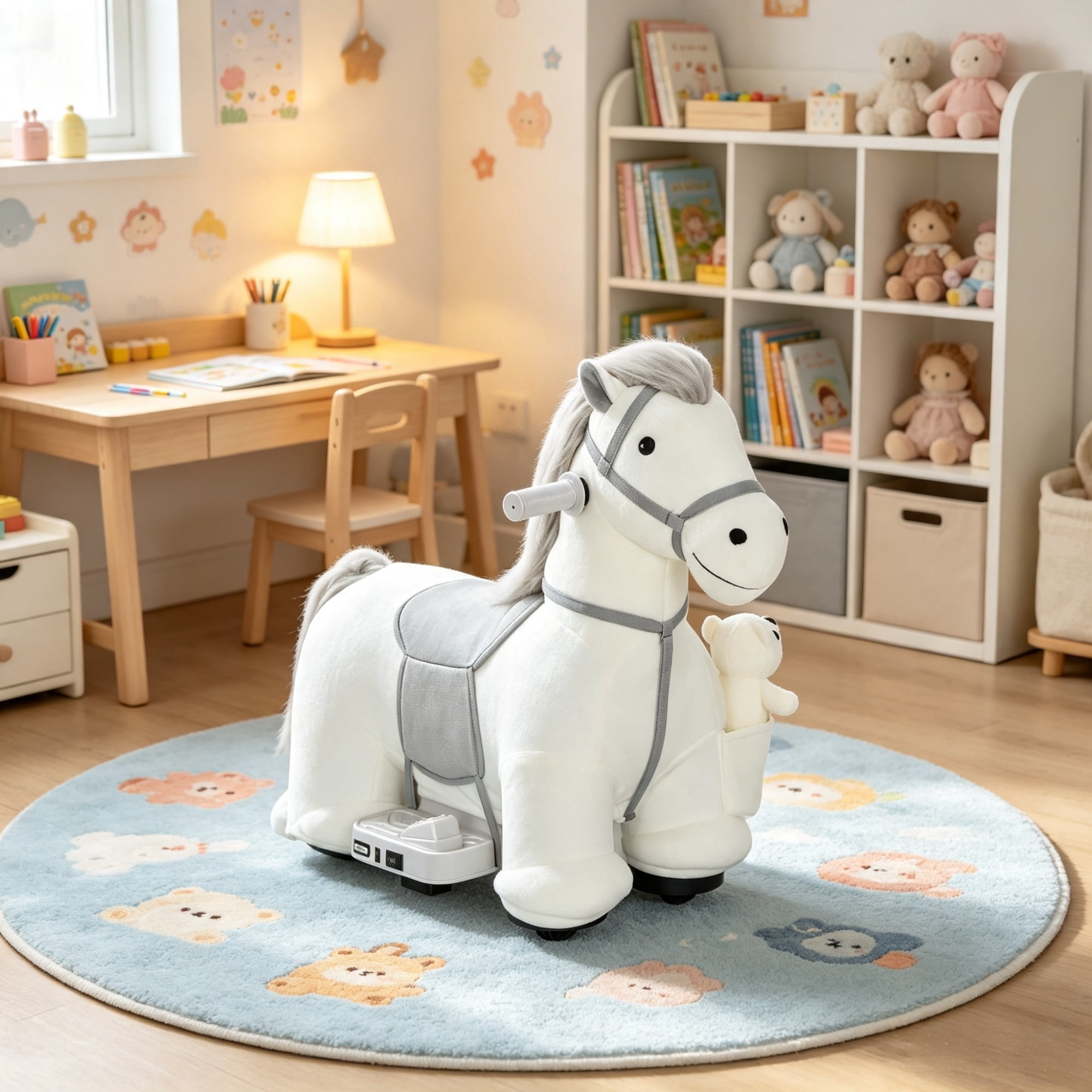6V Battery Powered Kids Ride On Pony, Electric Ride On Horse, with Bear Toy, Music, for 1.5-5 Years Old