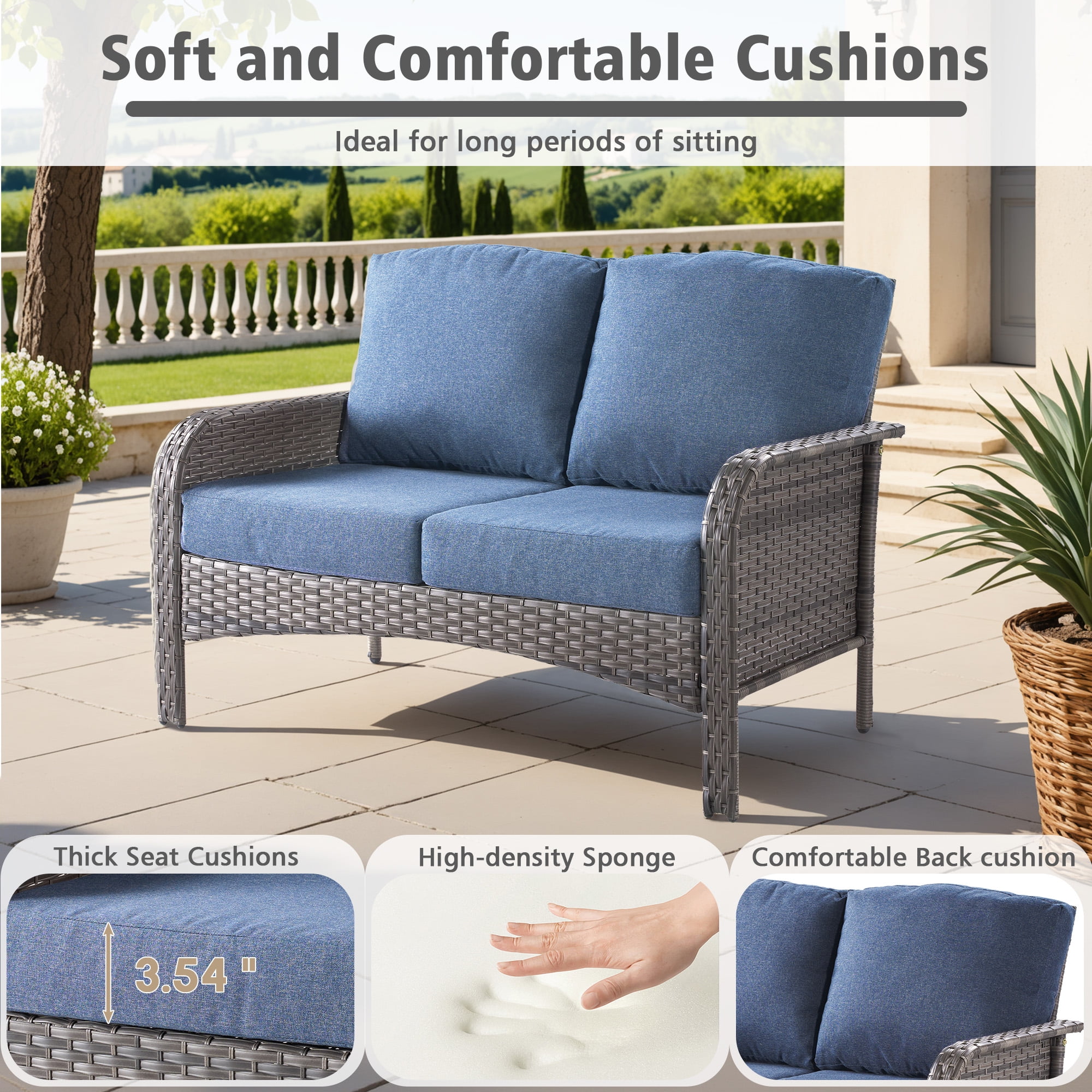 Ovios 8 Pieces Outdoor Patio Furniture Set High Back All Weather Wicker Conversation Set with Swivel Chairs & Coffee Table, Denim Blue