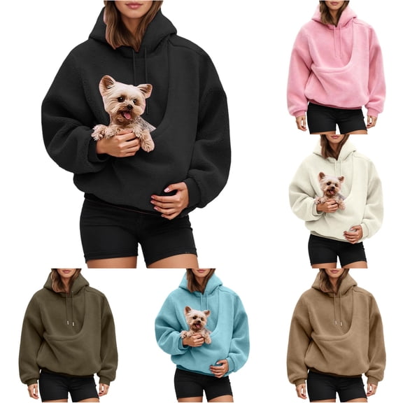 CUZIBR Hoodies For Women Solid Color Oversized Hooded Sweatshirt With Large Pocket Fuzzy Warm Front Carry Pouch For Small Cats Dogs Pet Lover Tops Fall Winter Clothes,Black