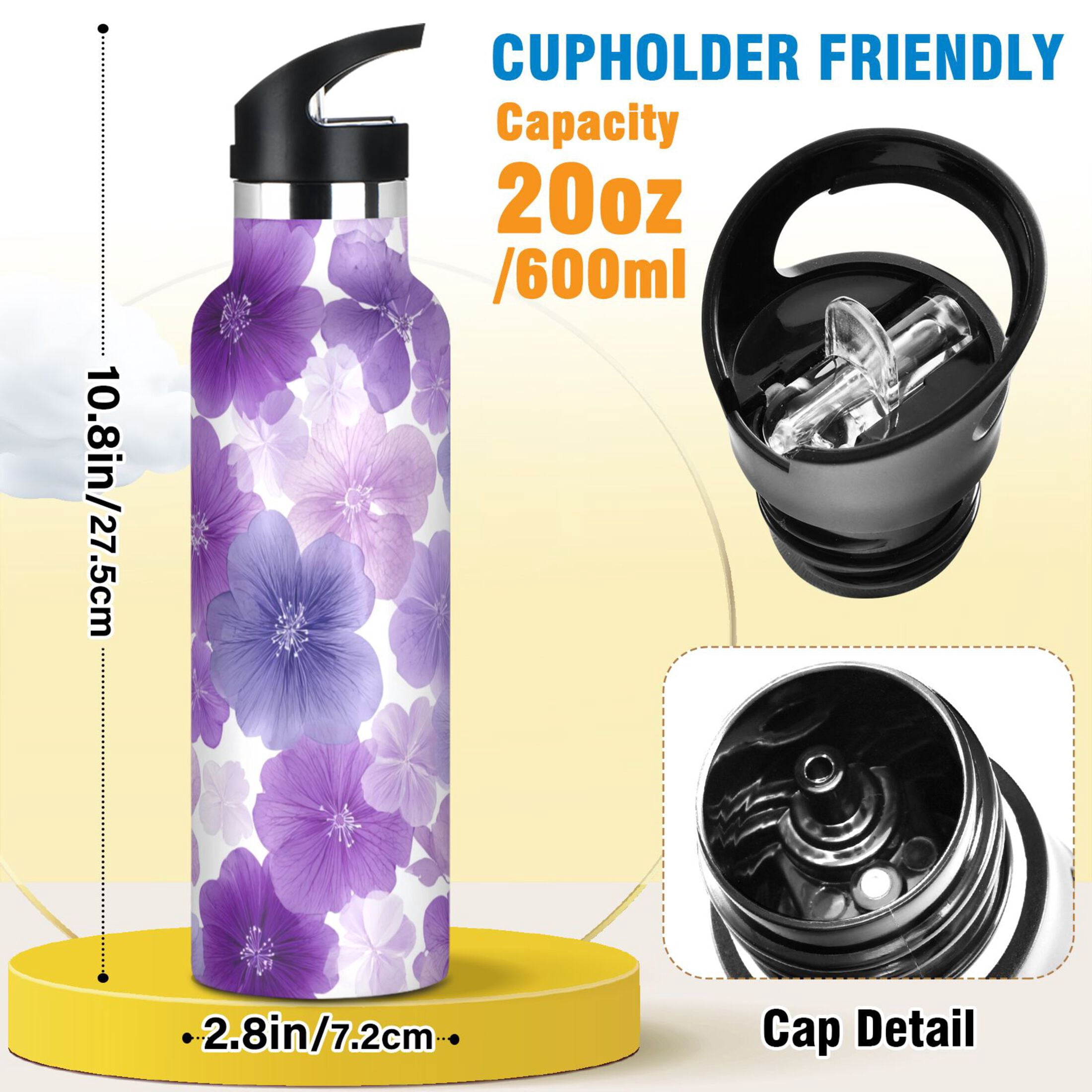 600ML Stainless Steel Insulated Cup Sports Water Bottle Portable Thermos Cup Water Glasses Insulated Tumblers Convenient and Durable Purple Flowers Pattern