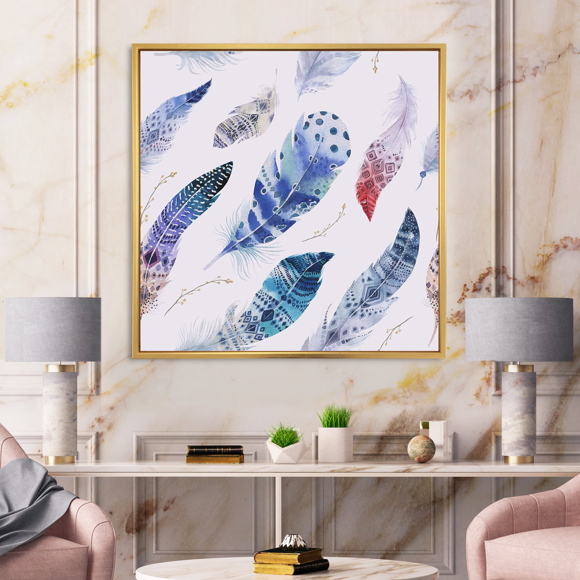 Designart 'Elegant Blue Boho Art Feathers' Bohemian & Eclectic Framed Canvas Wall Art Print