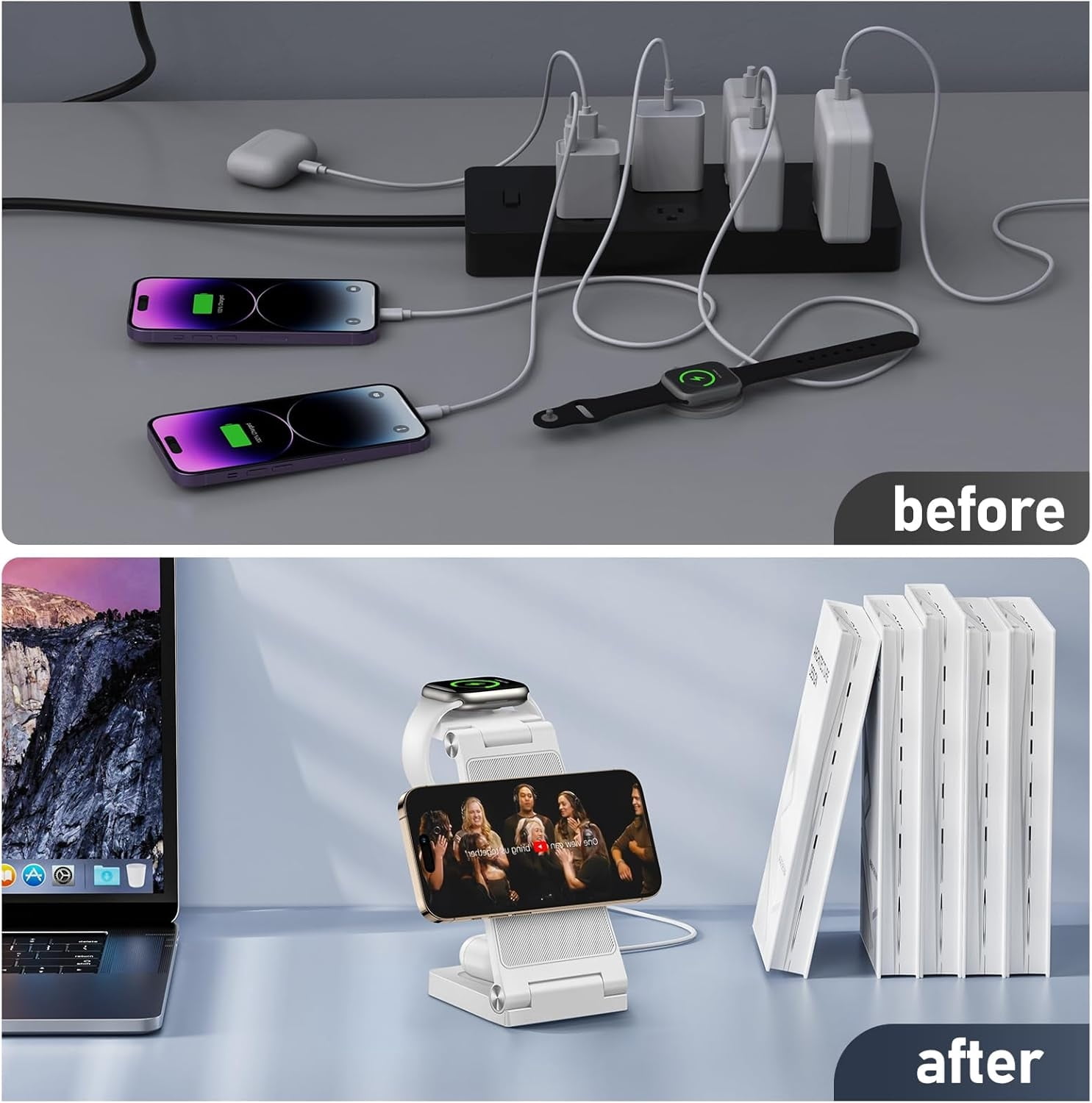 Magnetic Wireless Charger Stand, 3 in 1 Foldable Wireless Charging Station, Travel Charger for Multiple Devices for iPhone 16 15 14 13 12 Series, Apple Watch Ultra/9/8/7/6/5/4/3/2, AirPods,White