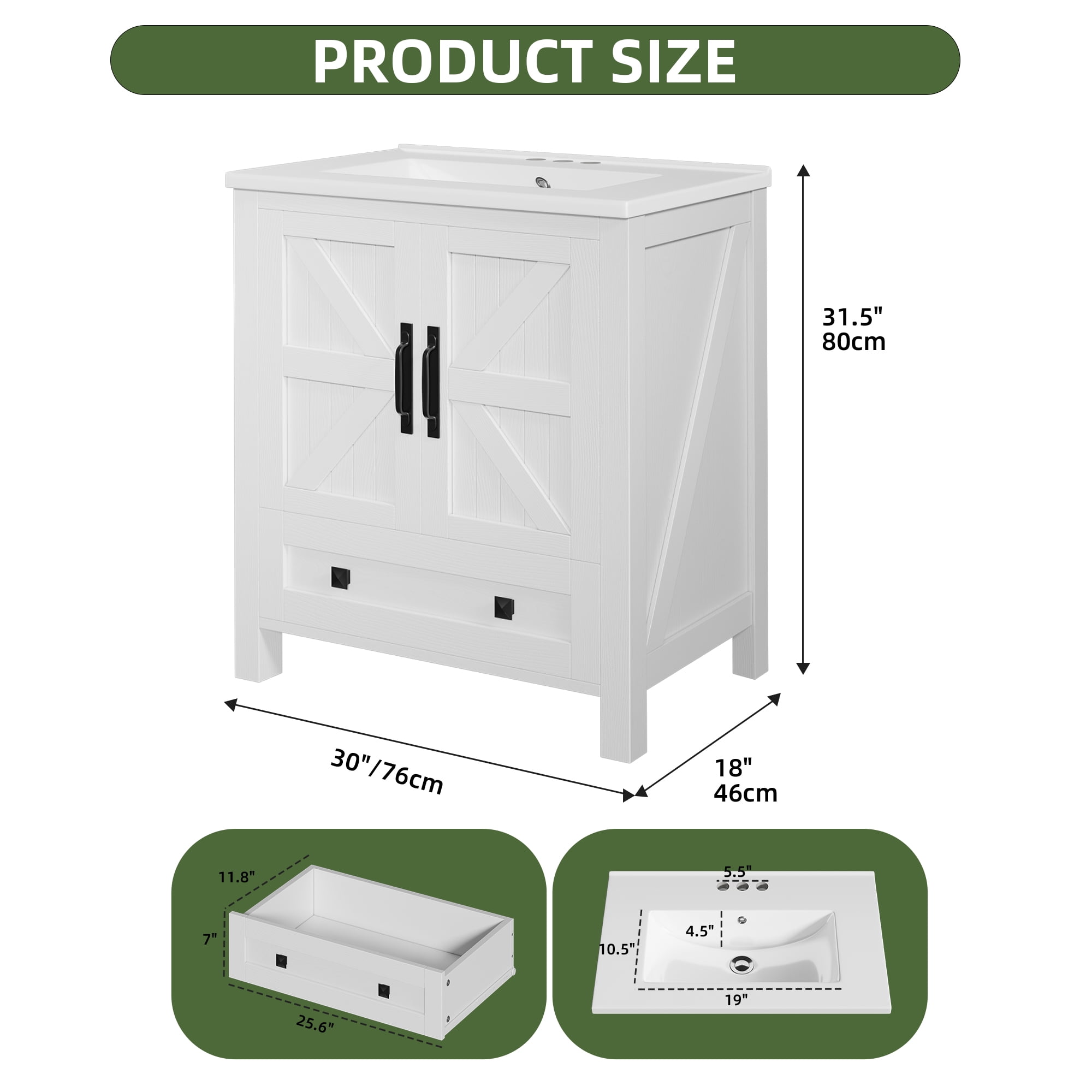 Uforic 30" Bathroom vanity with Sink Top, Farmhouse Bathroom Storage Cabinet with Drawers, White