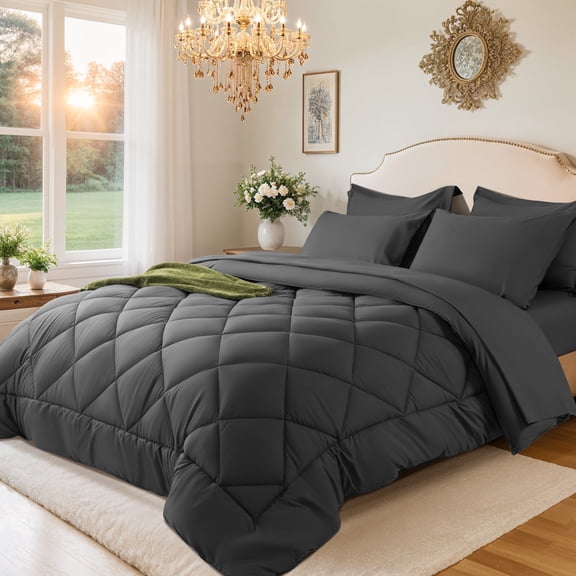 Sonoro Kate 7 Pieces King Comforter Set, Bed in a Bag for All Seasons, Soft Bedding Set with Comforter, 1 Flat Sheet, 1 Fitted Sheet, 2 Pillowcases, 2 Pillow Shams, Dark Gray