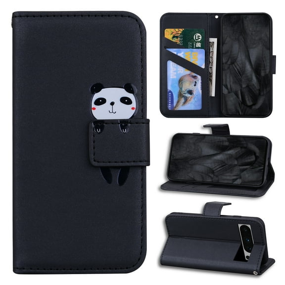 TECH CIRCLE for Google Pixel 8 Pro Case,Cute Cartoon Animal Folio Flip Case with Card Slots Stand Wallet Cover Shockproof Scratch-resistant PU Leather Shell for Google Pixel 8 Pro 6.7",Black