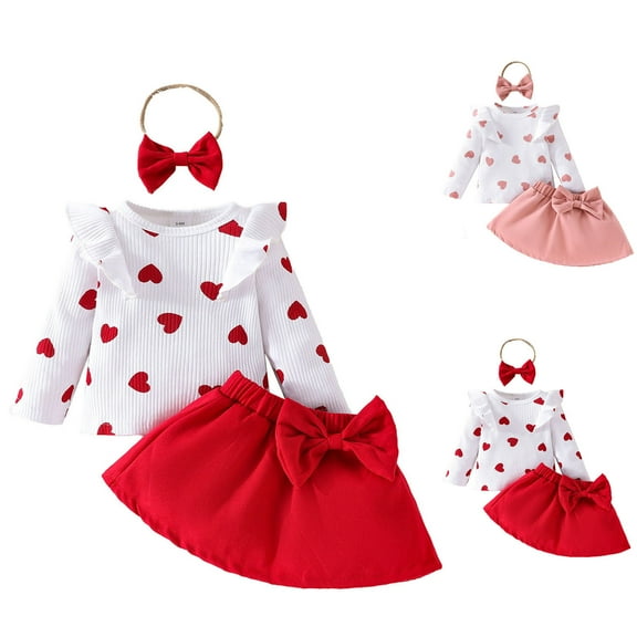 Uxgjfwu Girl Baby Heart Summer Clothing Shaped Long Sleeve Ruffle Top Bow Half Body Skirt Pants Hairband Three Piece Set