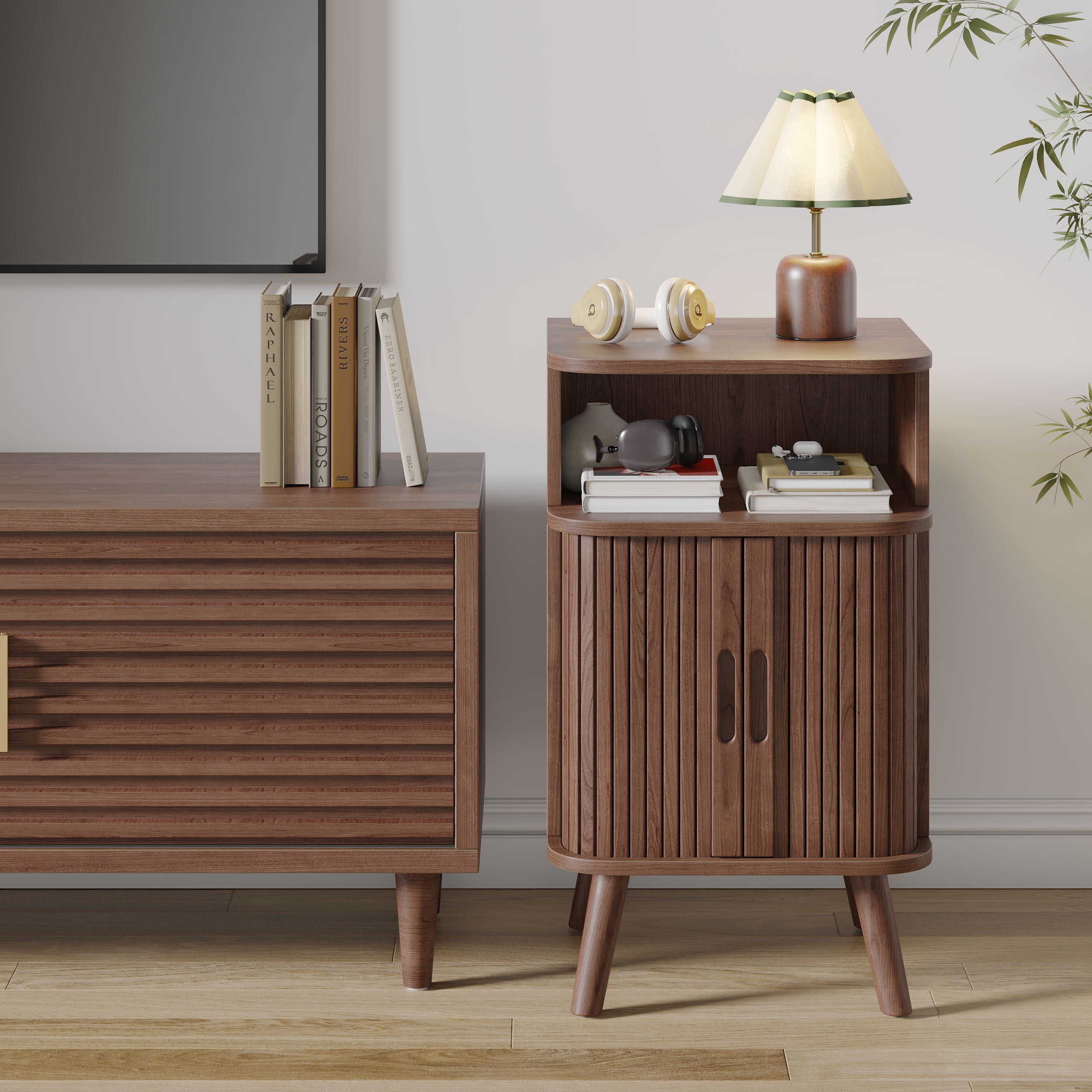 Fluted End Table with Storage,  Mid-Century Modern Wood Nightstand  with for Adult's Bedroom, Walnut