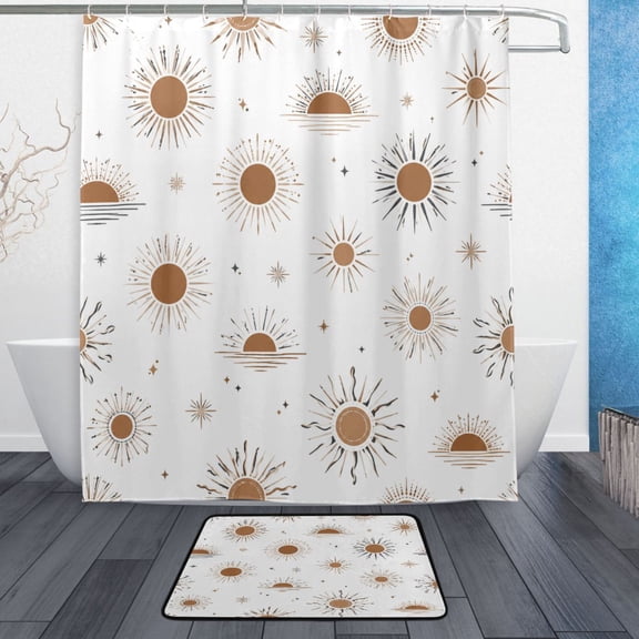 TTYFWHD 60" x 72" Shower Curtain and Bath Mat Set Abstract Sun Burst Design Waterproof Bathroom Curtain with 12 Hooks, Bathroom Decor Set