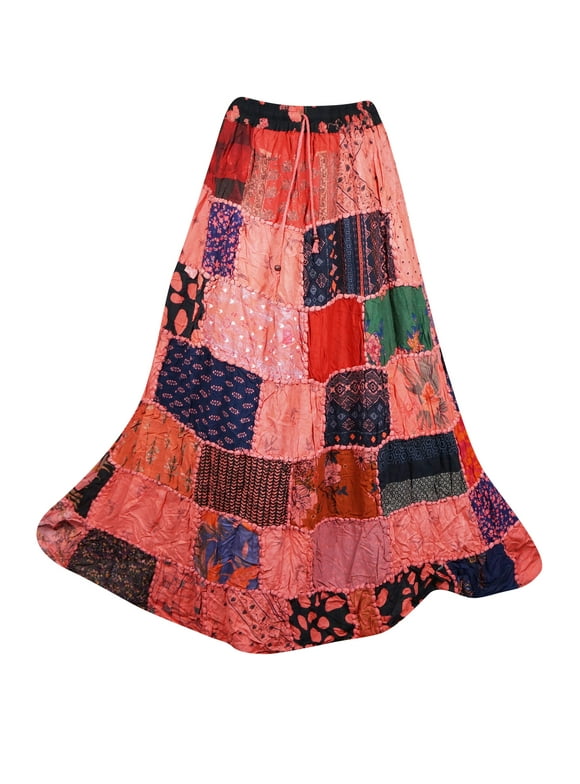 Mogul Patchwork Boho Maxi Skirt, Womens Patchwork Skirt, Summer Festival Beach Skirt, Red Handmade Skirts S/M/L