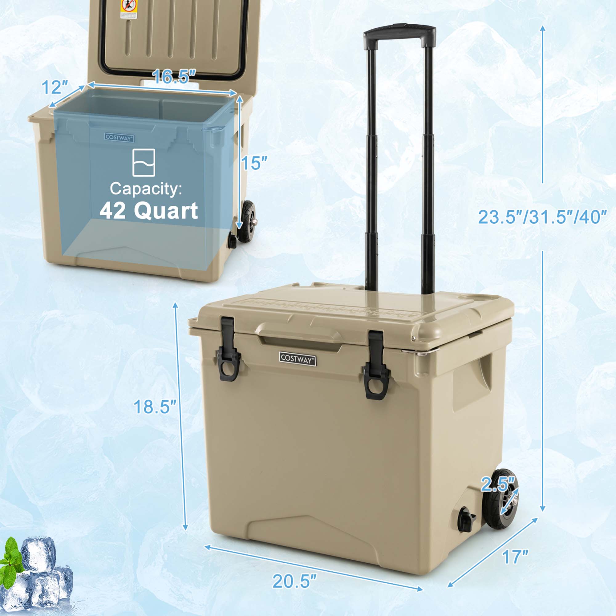 Costway 42 Qt Portable Cooler Roto Molded Ice Chest Insulated 5-7 Days with wheels Handle Tan