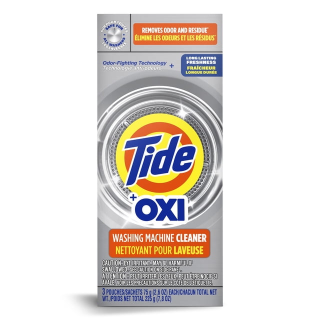 Tide Washing Machine Cleaner with Oxi Powder in a silver pouch featuring the Tide logo with orange and yellow circles, labeled for odor-fighting and long-lasting freshness, designed to remove odor and residue from all washer types, containing 3 pouches of 75g (2.6 oz) each.