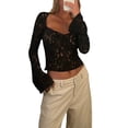 thumbnail image 2 of vera natura Women's Lace Floral Sheer Tops Long Sleeve Sweetheart Neck Front Bowknot Cropped Blouse Clubwear, 2 of 5