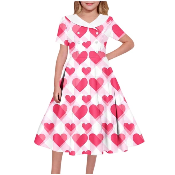 Vestido de manga corta con cuello en V para niña, estampado de manga corta, falda con cuello doblado y cintura mediana y grande, de poliéster.