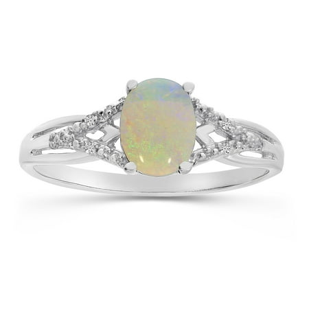 Oval White Topaz Ring - 10k White Gold Oval Opal And Diamond Ring