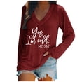 thumbnail image 1 of KIHOUT - Blusas casuales para mujer, liquidación 2024, moda clásica, estampado de letras, cuello en V, blusas básicas holgadas, camisetas de manga larga, blusas tipo túnica para otoño, 1 of 4