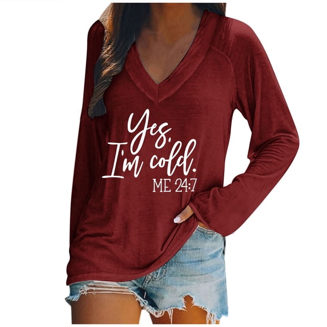 KIHOUT - Blusas casuales para mujer, liquidación 2024, moda clásica, estampado de letras, cuello en V, blusas básicas holgadas, camisetas de manga larga, blusas tipo túnica para otoño