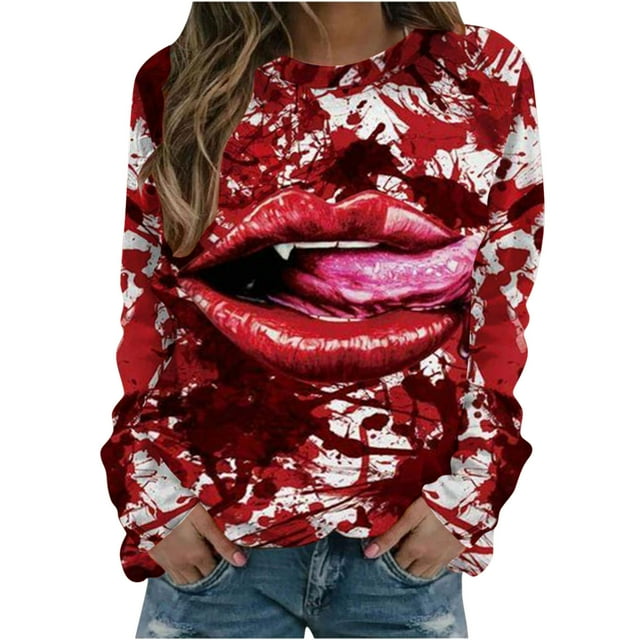 Sudadera informal con cuello redondo y mangas largas con estampado de Halloween para mujer, sudadera sin capucha con estampado de sangre personalizado Pompotops FGAJ18960