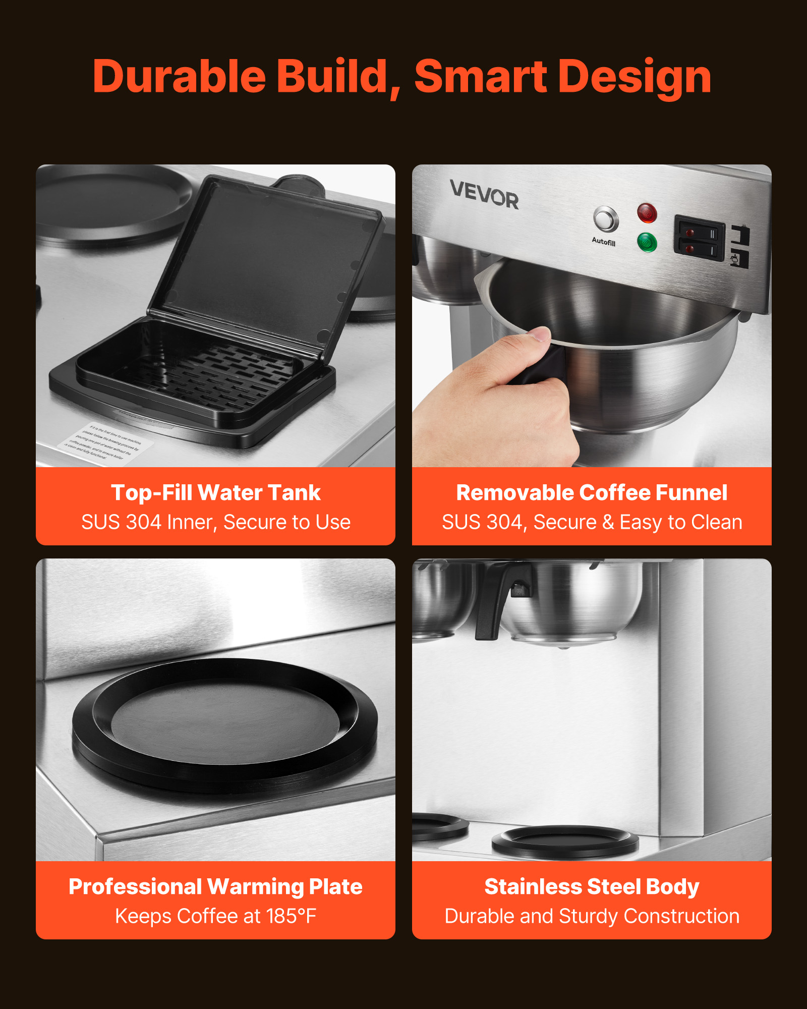 VEVOR Commercial Drip Coffee Maker, 24 Cups Coffee-Maker Machine with 4 Glass Carafes and 4 Decanter Warmer Plates, Stainless Steel Dual-Head Coffee Brewer, for Restaurant, Office, Coffee Shop & Home