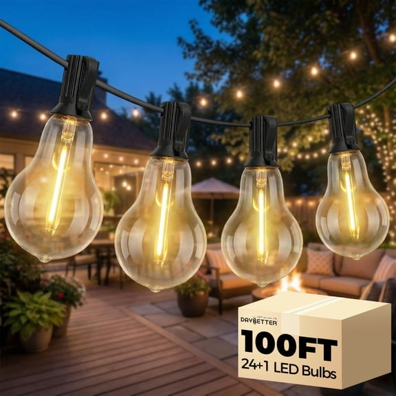 DAYBETTER 100FT Outdoor String Lights, Waterproof Patio Lights with 24 Hanging Lights A39 Bulbs(1 Spare), Shatterproof for Backyard Gazebo Porch Garden Outside Decor