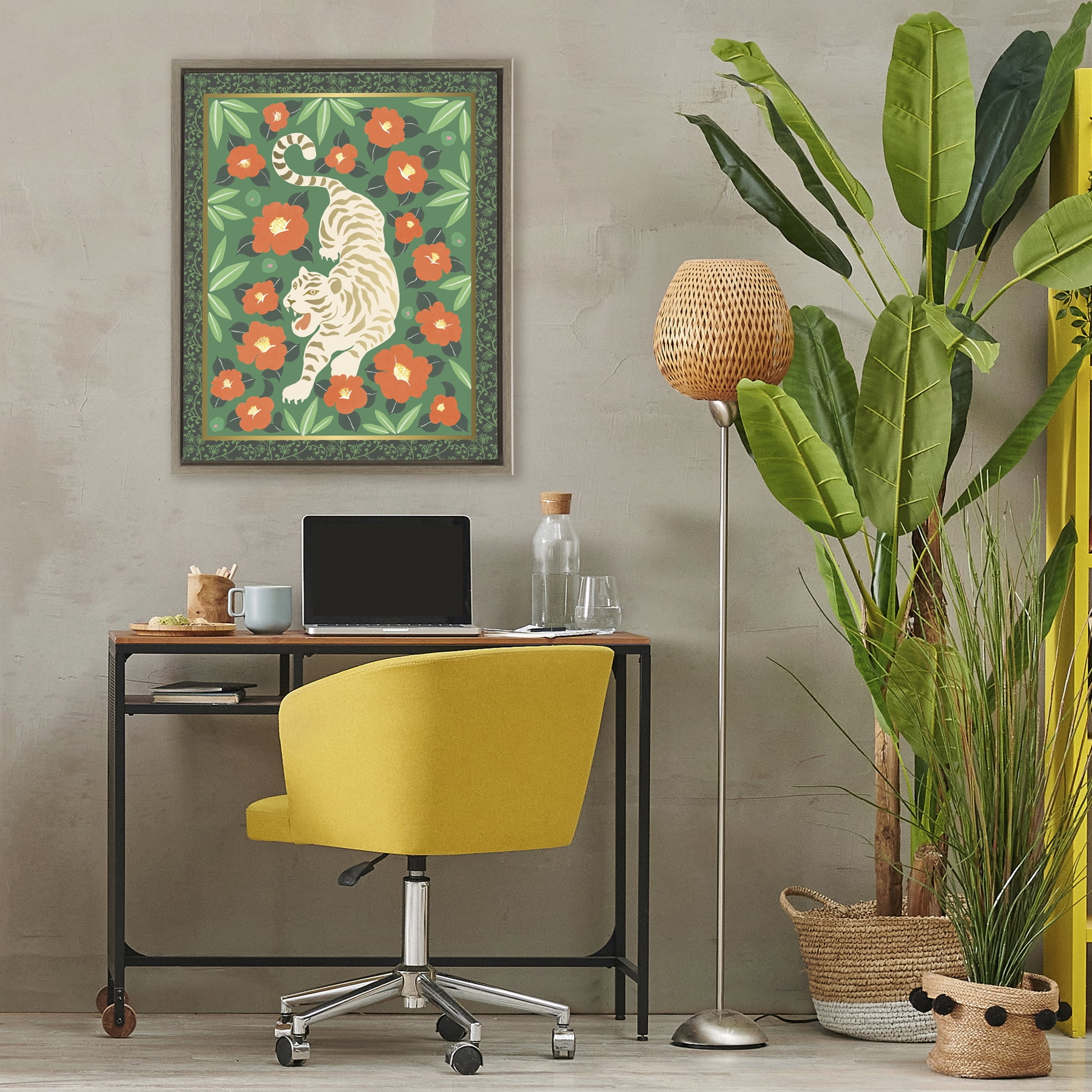 Stupell Industries Eclectic Tiger & Hibiscus Brown Framed Floater Canvas Wall Art, design by Karolina Sato
