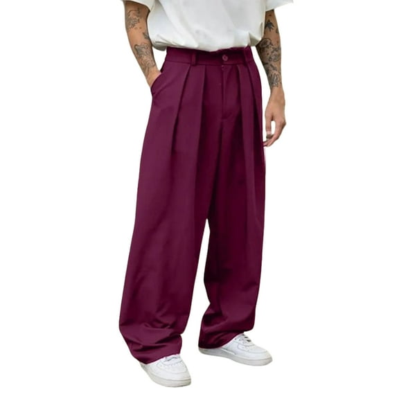 Men's Wide-Leg Pants - Button Waist & Pleated Design for Casual Everyday Wear Deep Red 2XL