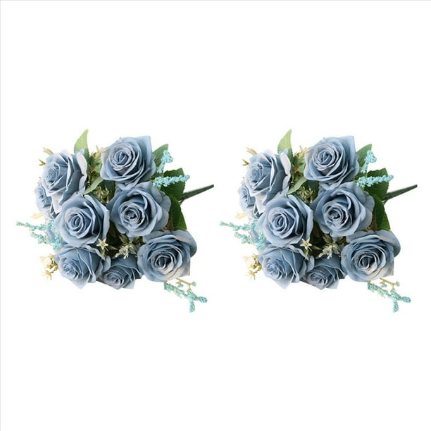 2X Flores de Rosas Azules Artificiales Ramo de Flores de Seda Flores Artificiales DecoracióN del JardíN del Hogar Rosas de Boda Azul