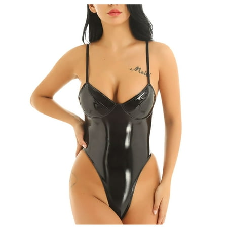 

QWERTYU Leather One Piece Lingerie for Women Teddy Sleepwear Sexy Snap Crotch Tummy Control Thong Babydoll Bodysuit S Black