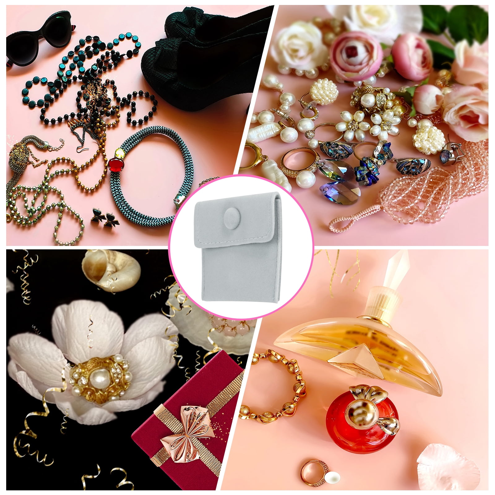 Unique Bargains Velvet Jewelry Pouches with Snap Button Jewelry Storage Bags 20Pcs Gray
