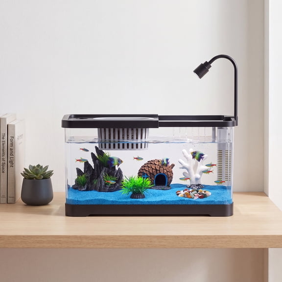 Mteryoing 3 Gallon Fish Tank Kit with LED Light & Filter, Small Desktop Aquarium with Lid, Air Pump & Decorative Rockery for Betta Goldfish, Black