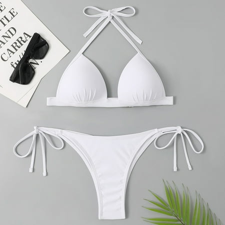 Women Sexy Solid Halter Bikini Sets Black/White/Red Swimsuit Ruched Low Waisted Lace Up Beach Bathing Suit Hard Cup Top 2024 New LDG