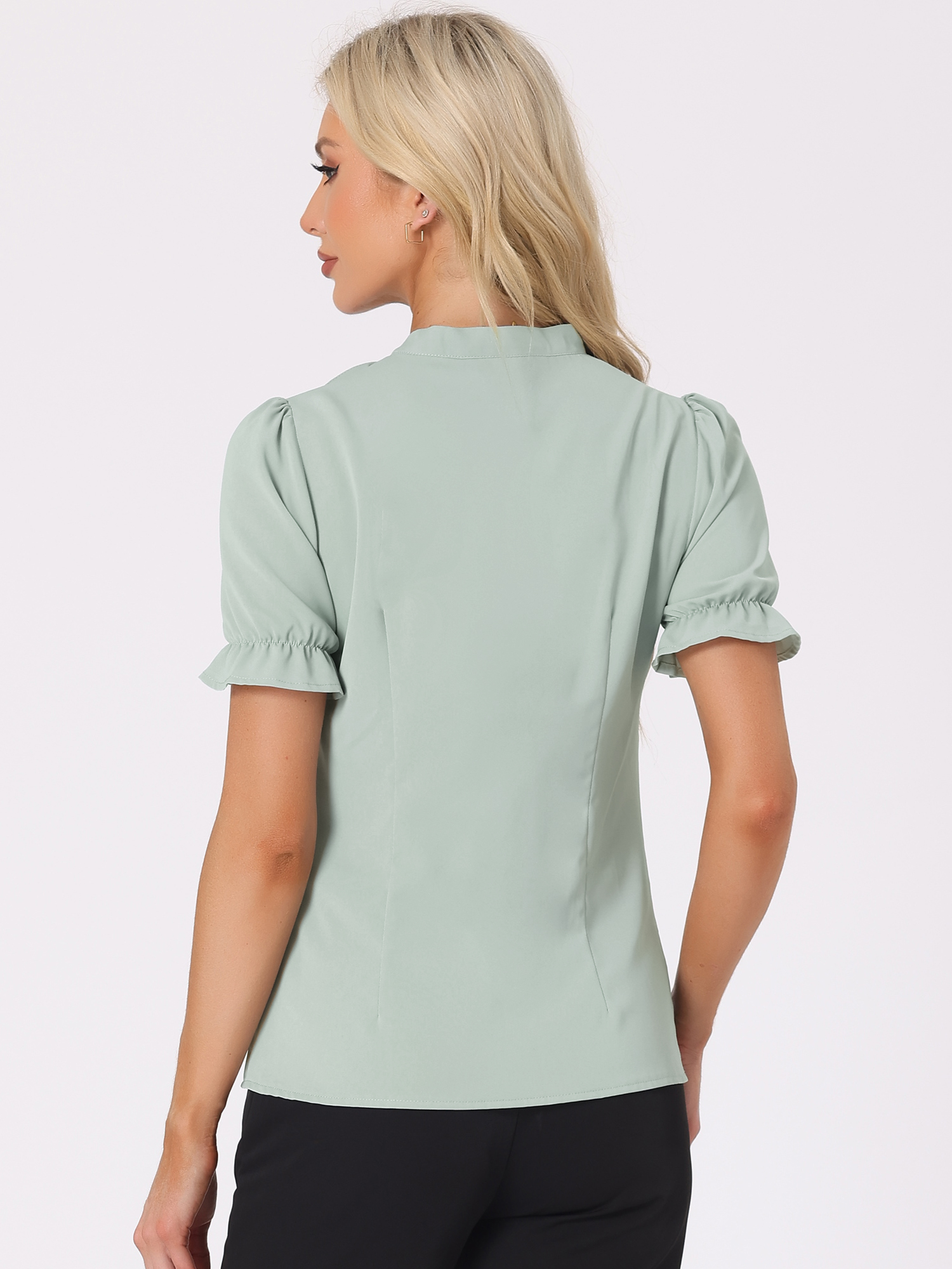 Unique Bargains Women's Bow Tie Neck Office Elegant Short Sleeve Blouse Top XL Light Green