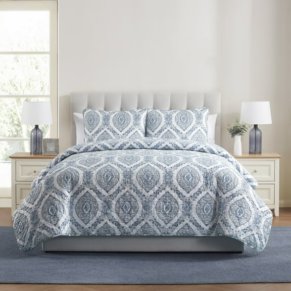 VCNY Home Sea Damask Coastal 3-Piece Blue/Multicolor Damask Quilt Set, King, Adult, Unisex