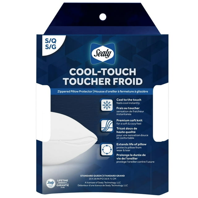 Sealy Cool Temp Bed Pillow Cover Protector, S/Q- Zippered Soft Knit Fabric