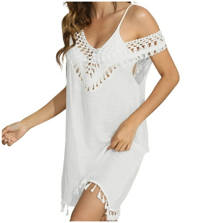 Zpanxa Bathing Suit Cover up for Women Bathing Suit Bikini Swimsuit Coverup Tassels Beach Crochet Loose Hollow Out Coverup Skirt White One Size