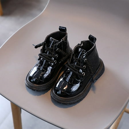

LYCAQL Toddler Shoes Fashion All Seasons Children Boots for Boys and Girls Ankle Boots with Thick Soles Non Slip Lace Leather Boots for Kids (Black 6 Toddler)